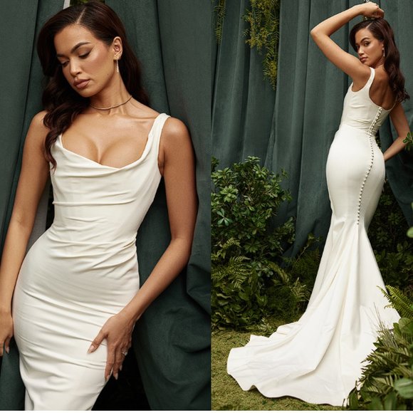 HOUSE OF CB 'Emilie' Off White Satin Mermaid Bridal Gown NWOT - Picture 1 of 16